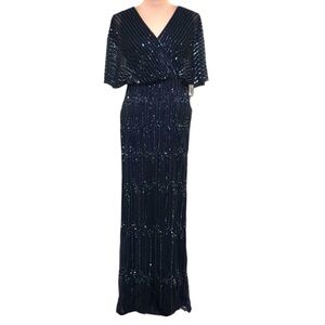 NWT Adrianna Papell Maxi Dress Size 4 Navy Blue Gunmetal Silver Beaded Gown